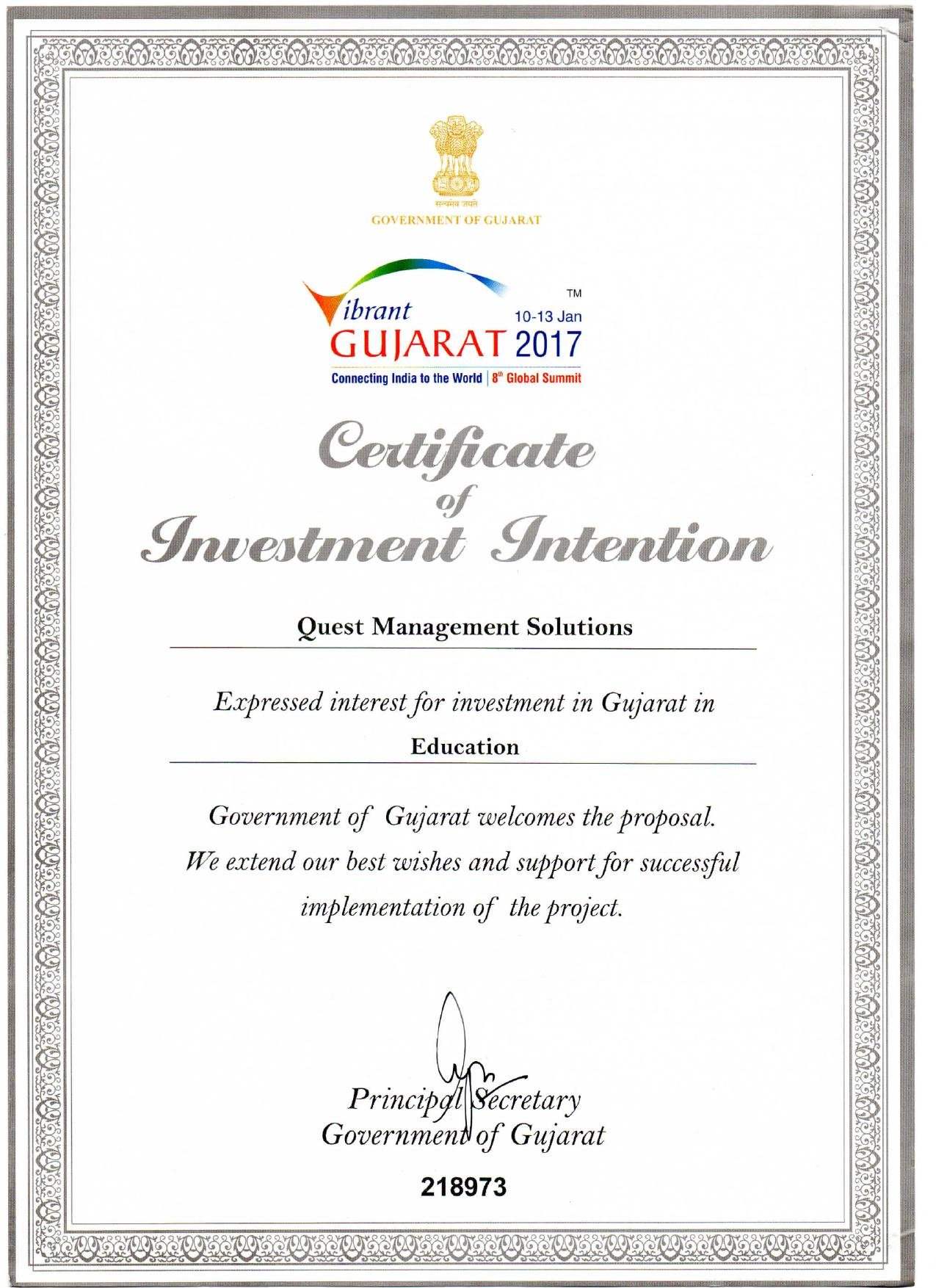 Vibrant Gujarat certificate